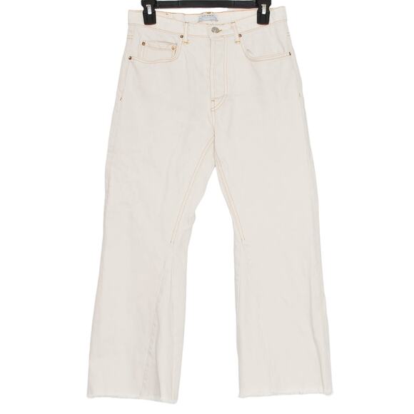 Zara Jeans Flare Minimalist Retro Utility Crop Casual Button Fly Raw Hem Ivory 4 - Picture 1 of 4